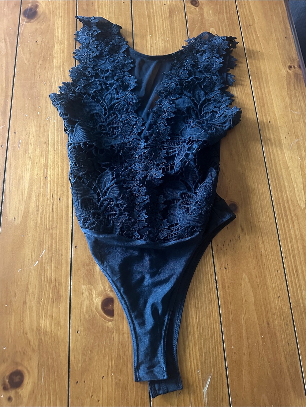 Black Floral Lace Plunge Bodysuit